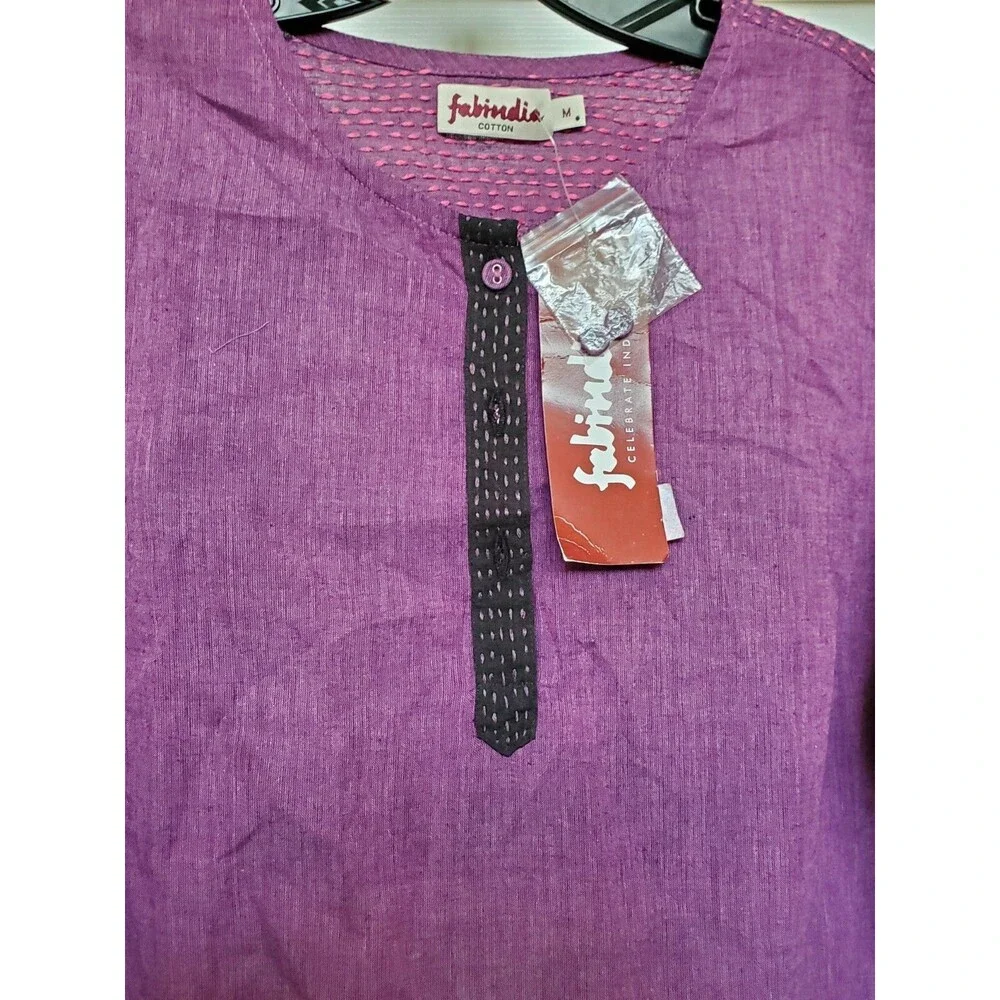 New Fabindia Purple eggplant woven Print Cotton Gota trim Tunic Top shirt sz M